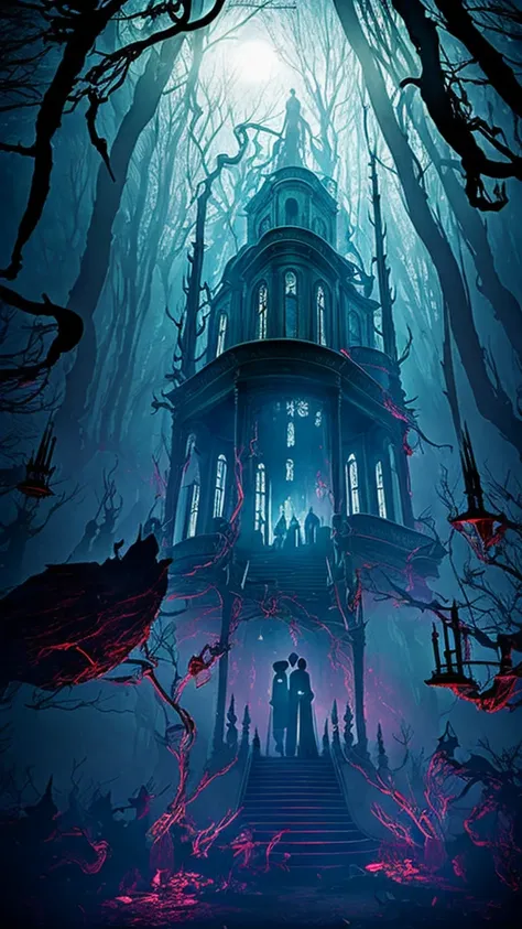 In a forsaken, dilapidated mansion deep in the heart of a dark forest, a scene of unspeakable horror unfolds. The mansions walls are cracked and stained, covered in crawling ivy and eerie, twisted roots that seem to pulse with malevolent life. The dim ligh...