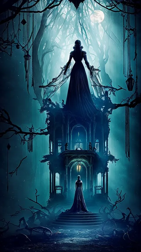 In a forsaken, dilapidated mansion deep in the heart of a dark forest, a scene of unspeakable horror unfolds. The mansions walls are cracked and stained, covered in crawling ivy and eerie, twisted roots that seem to pulse with malevolent life. The dim ligh...