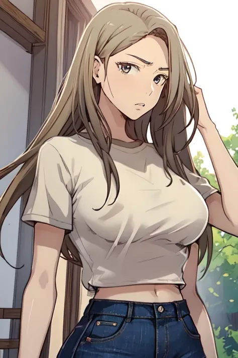 MiaChadef, long hair, blonde hair, brown eyes,
portrait, large breasts, short sleeves, crop top, jeans, standing, brown shirt, blue pants, upper body, looking at viewer, 
masterpiece, best quality, naked breasts