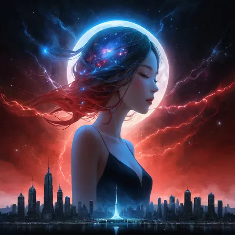 night, Attractive woman face fading away, 创造出mystery的液体阴影漩涡. Abstract liquid aesthetics, Its delicate features are distorted but still fascinating.,  Starry Sky，fantasy，magic，mystery，illusory，Dreamy，Inverted red symmetrical city silhouette in the sky, Dram...