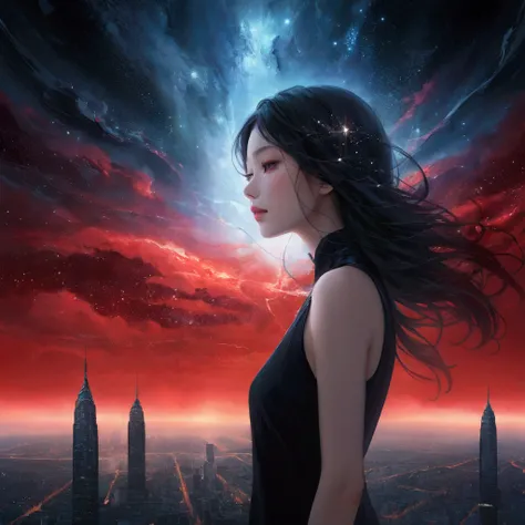 night, Attractive woman face fading away, 创造出mystery的液体阴影漩涡. Abstract liquid aesthetics, Its delicate features are distorted but still fascinating.,  Starry Sky，fantasy，magic，mystery，illusory，Dreamy，Inverted red symmetrical city silhouette in the sky, Dram...