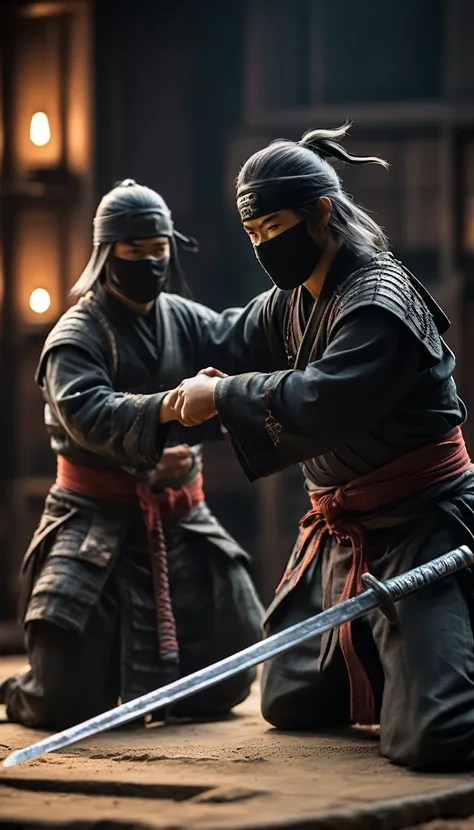 a ninja handing over a scroll to ieyasu as a symbol of loyalty, hyper realistic, ultra detailed hyper realistic, photorealistic,...