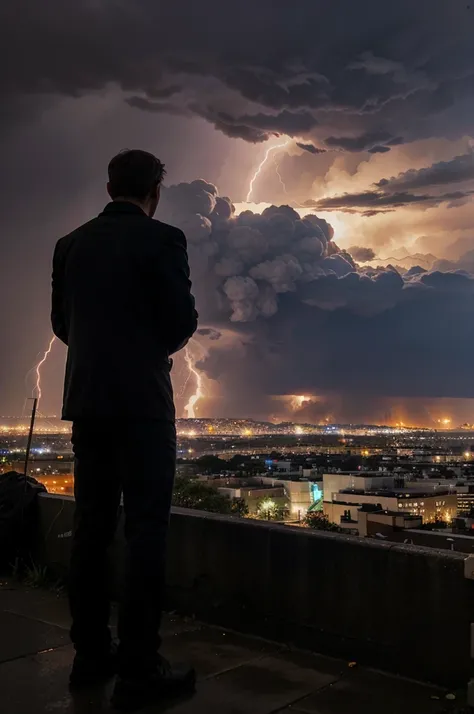 A man on a hill watches the city burn during a thunderstorm