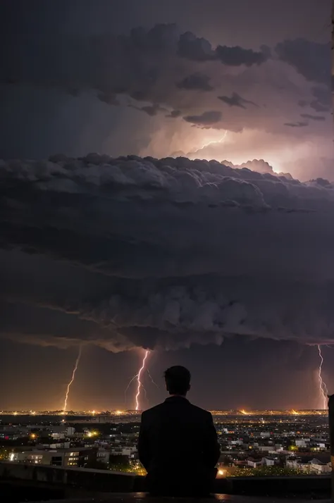 A man on a hill watches the city burn during a thunderstorm