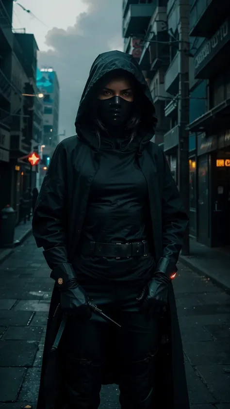  create a loop video with a mysterious futuristic character and weaponry:

"Create a loop animation of a mysterious futuristic character. The character should be wearing a dark, hooded cloak and standing in a neon-lit, high-tech cityscape at night. They ho...