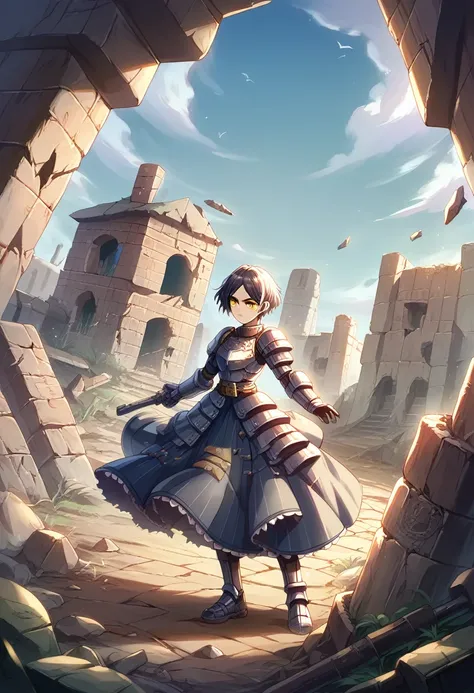 18-year-old,high school girl,armored dress,whole body,shiny navy hair, short hair, Parted bangs, Yellow Eyes,battlefield,ruins,Broken Town,war,Adversary