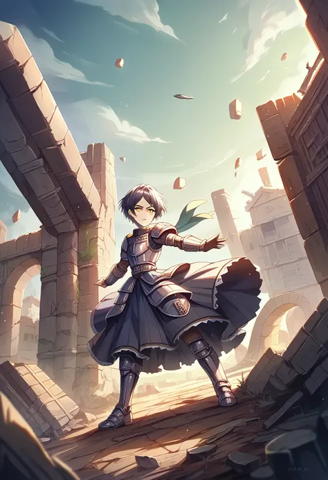 18-year-old,high school girl,armored dress,whole body,shiny navy hair, short hair, Parted bangs, Yellow Eyes,battlefield,ruins,Broken Town,war,Adversary