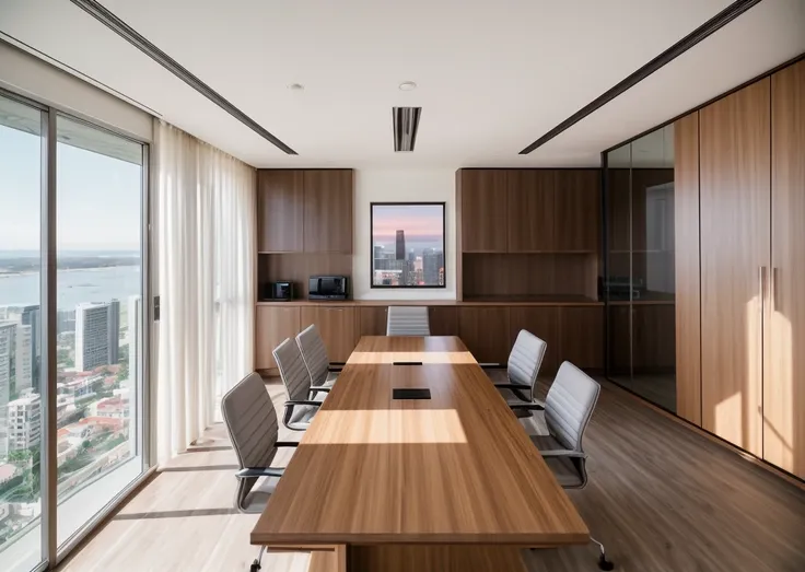 RAW Photos, masterpiece, high quality, 最high quality, Genuine, Super detailed, interior, 1 meeting room Office style Modern, Wooden Display Cabinet with Acrylic Cabinet Door, Wooden Conference Table, Glossy grey ceramic tile floor, (Modern minimalist lines...