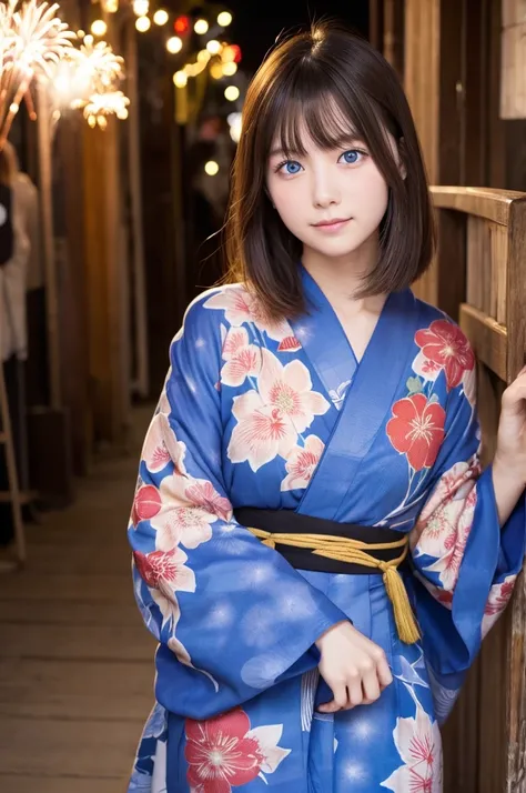 woman、24-years-old、firework、yukata、Chestnut Hair、semi-long、blue eyes