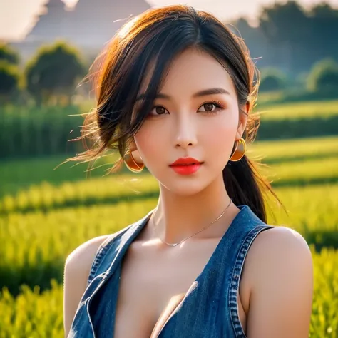 Harafe woman with round face, Fashionable denim shirt, black t-shirt Fashionable denim shirt, black t-shirt, ponytail, Looking straight at the camera, weatherโต,weather, Double eyelids, black eyes, very large breasts, 38 inches, The chest is round and curv...