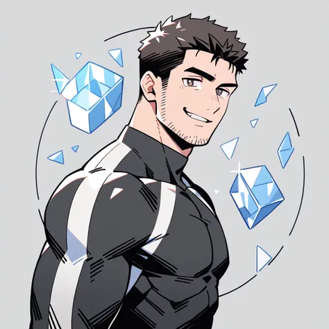 anime characters：Chris Redfield, Muscle Sports Student, Buzz Cut, Manliness, male focus, Dark black high collar long sleeve tight T-shirt, Slightly transparent material, Very tight, Round, full and perky chest muscles, muscular male, muscular, only, Upper ...