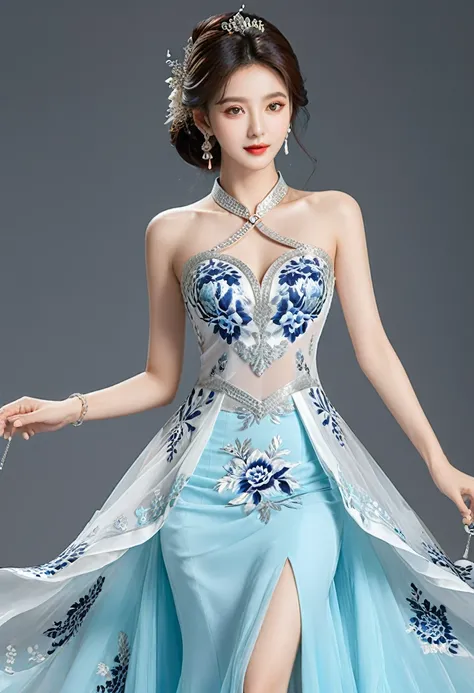 Realistic photo style, whole body 사진에 아름다운 아시아 소녀가 등장합니다., Wearing a unique ethnic style evening gown with delicate skin., bright and lively eyes, Thick eyelashes that look especially attractive. Long dresses are slim and elegant., Eye-catching silver jewe...