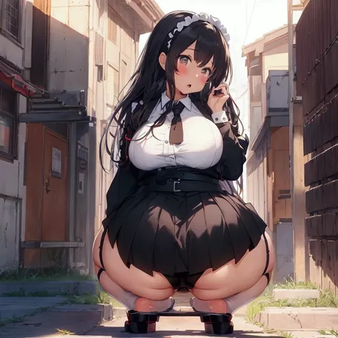 Anime girl in a skirt kneeling in an alleyway, Beautiful anime girl crouching, Anime girl crouching, Gwaiz, Enchanting anime girl, , Kantai Collection Style, Anime Maid SS Military, chic, artwork in the style of Gwaiz, Gwaiz on artstation pixiv, Gwaiz mast...