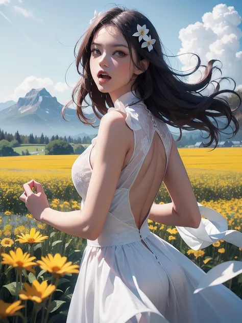 1girl, dynamic angle, cloud and mountain, (flower field:1.4) in the foreground, white dress, light tracing, (floating colorful wind:1) (photorealistic:1.4), official art, unity 8k wallpaper, ultra detailed, beautiful and aesthetic, masterpiece,best quality...