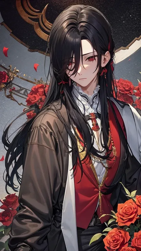 Hua Cheng adulto, he holds a rose in his hand 