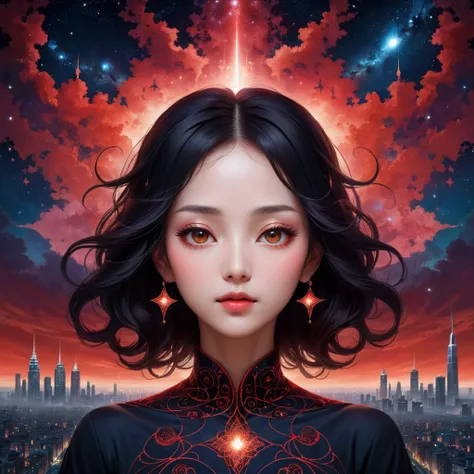 night, Attractive woman face fading away, 创造出mystery的液体阴影漩涡. Abstract liquid aesthetics, Its delicate features are distorted but still fascinating.,  Starry Sky，fantasy，magic，mystery，illusory，Dreamy，Inverted red symmetrical city silhouette in the sky, Dram...