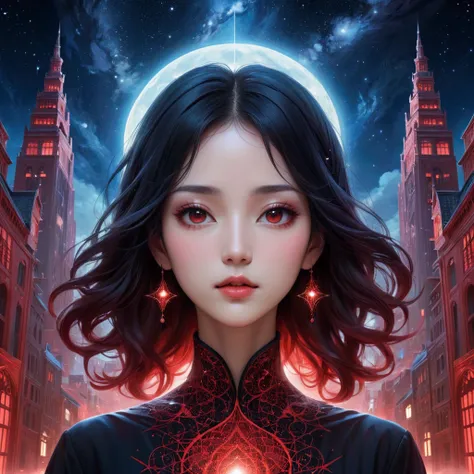 night, Attractive woman face fading away, 创造出mystery的液体阴影漩涡. Abstract liquid aesthetics, Its delicate features are distorted but still fascinating.,  Starry Sky，fantasy，magic，mystery，illusory，Dreamy，Inverted red symmetrical city silhouette in the sky, Dram...