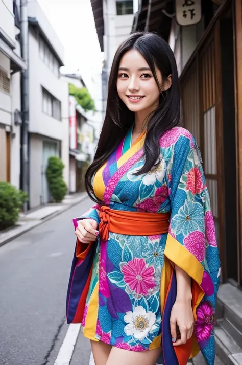 Beautiful Japanese Instagrammer,High Fashion Sense,PHOTO REALISTIC,knee length dress,Colorful casual dress,Long Black Hair,Looking at Camera with Modern Fashion Sense,Smile,Big Breasts,colorful japanese KIMONO