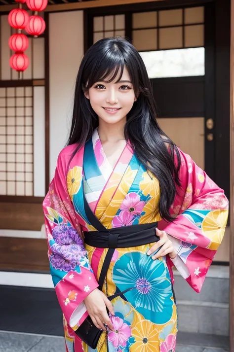 Beautiful Japanese Instagrammer,High Fashion Sense,PHOTO REALISTIC,knee length dress,Colorful casual dress,Long Black Hair,Looking at Camera with Modern Fashion Sense,Smile,Big Breasts,colorful japanese KIMONO