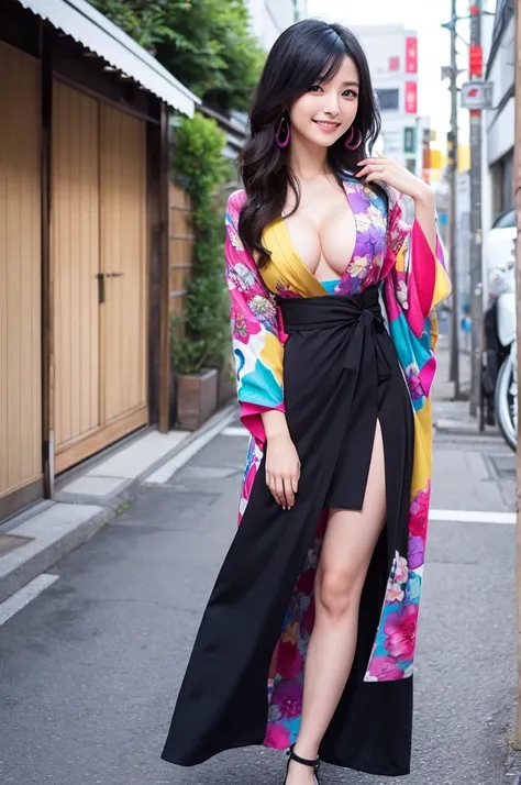 Beautiful Japanese Instagrammer,High Fashion Sense,PHOTO REALISTIC,knee length dress,Colorful casual dress,Long Black Hair,Looking at Camera with Modern Fashion Sense,Smile,Big Breasts,colorful japanese KIMONO