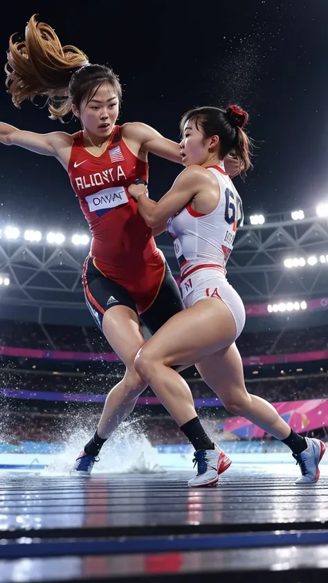 Two athletes are engaged in a fierce battle on the Olympic stage.。