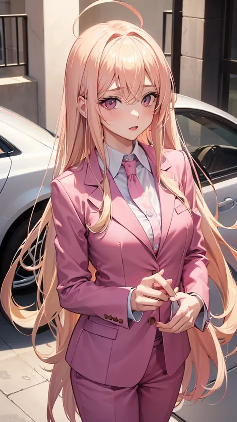 (((Adult woman))), pink eyes, (long blonde hair), pink suit