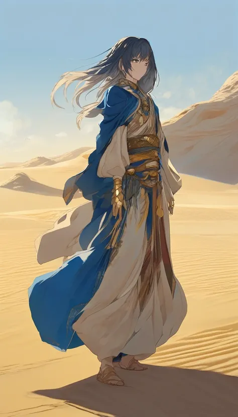 The vast desert spreads out before your eyes., With golden sand and endless vastness, Where the horizon meets the deep blue sky. A serene calm pervades the environment, The wind whispers ancient secrets through the rolling dunes, Revealing the flow of time...