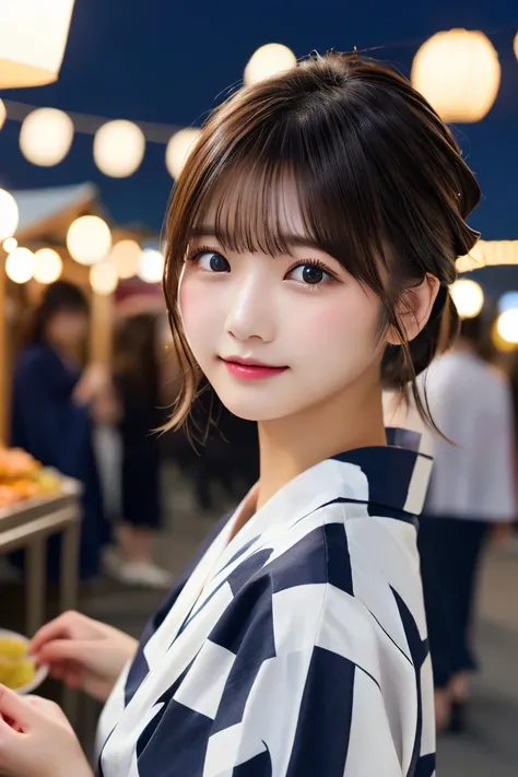 Highest quality、（beautiful）、Precision Eyes、Fine skin、Brown eyes、23-year-old female、Brown Hair、looking at the camera、Hair tied up on top of the head、Gal、yukata、night、festival、stall