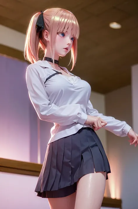 One girl,masterpiece,Highest quality,Blonde,stockings,Checked skirt),Short skirt JK,,Are standing,In total length,Medium chest,Very detailed,[[Realistic]],Beautiful and attractive anime teen,Enchanting anime girl,Swinging skirt,blue eyes, hair ornaments, H...