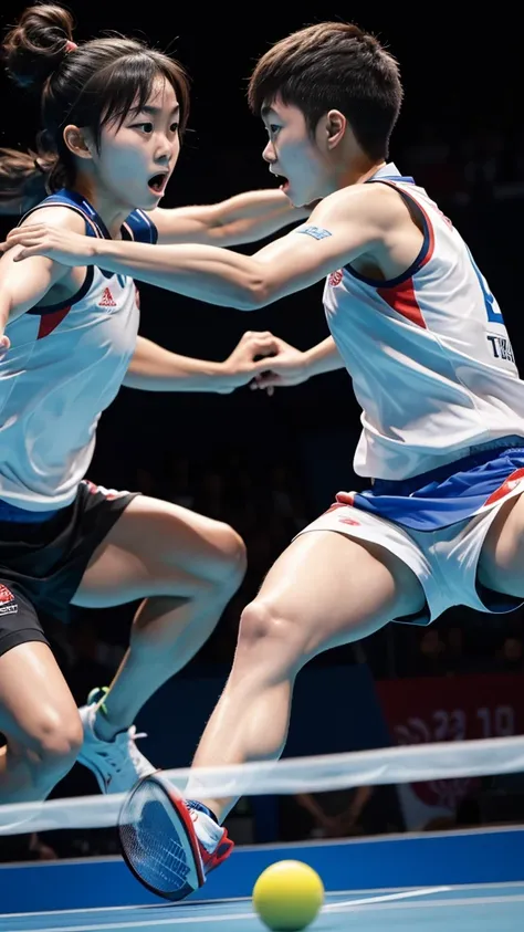 Two table tennis players are engaged in a fierce battle on the Olympic stage.。