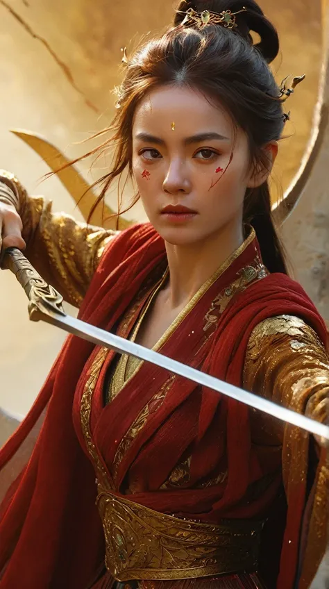 ultra high resolution,(((masterpiece))),(((best quality))),((super detailed)),((extremely delicate and beautiful)),cinematic light,detailed environment,(real),half body shot,(1girl, solo, female focus:1.3),(holding sword:1.2),(dark red and light gold:1.3),...