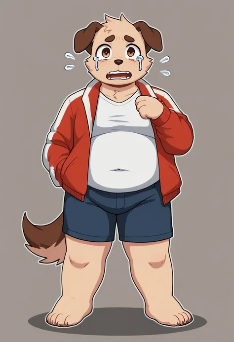 a man slightly chubby, shaped like a white dog brown ears , he wear  a loose jacket and a pair of knee-length shorts full body w...