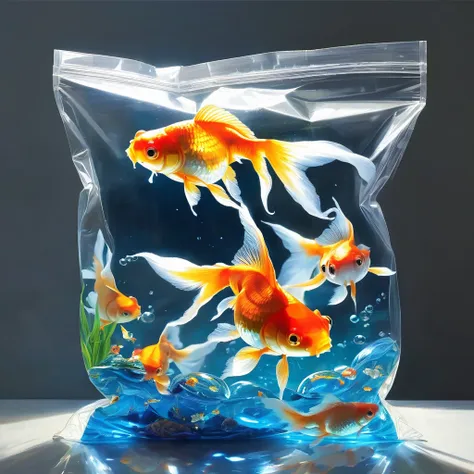 (masterpiece, best quality:1.2),windowsill，goldfish in a plastic bag，luminescence