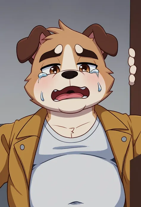 A man slightly chubby, shaped like a white dog brown ears , he Wear  a loose jacket and  Wear a t-shirt under a loose jacket , sat crying in the corner of the room with a desperate face 