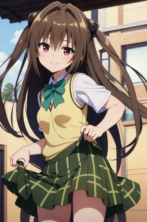 masterpiece, Highest quality, High resolution, Ayami, Very long hair, Both sides up, hair ornaments, , Green bow tie, White shirt, Sweater vest, Yellow vest, Short sleeve, Checked skirt, Green Skirt, Are standing, Cowboy Shot, smile, Outdoor, skirt lift,((...