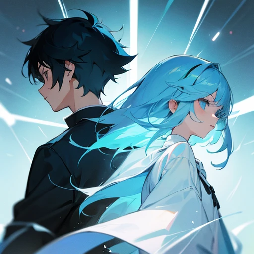 A boy with light blue hair and a girl with black hair are facing forward