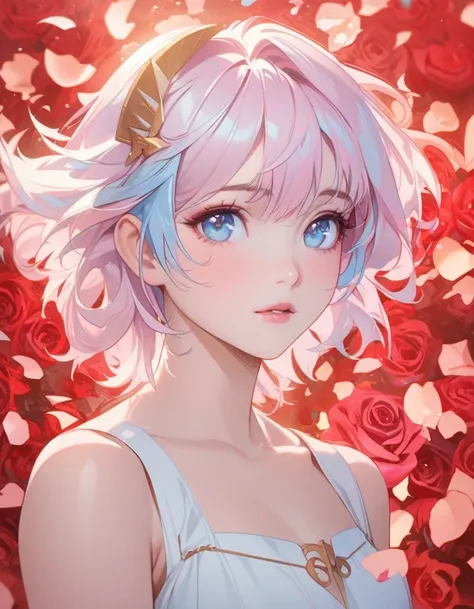 anime girl with pink hair and blue eyes surrounded by rose petals, portrait of a girl in the knights of the zodiac, stunning ani...