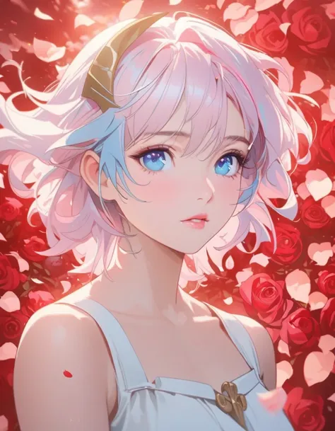 anime girl with pink hair and blue eyes surrounded by rose petals, portrait of a girl in the knights of the zodiac, stunning ani...