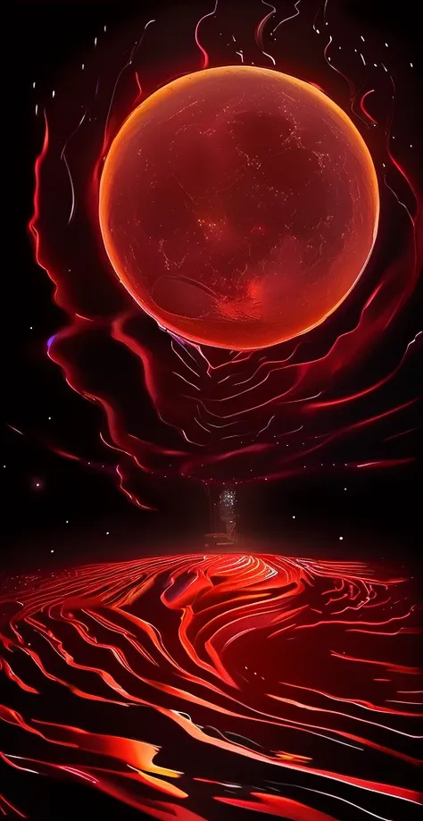 "obra maestra surrealista. calidad excepcional. detalles sorprendentes. surreal cg rendering of a dark red moon rising above a t...