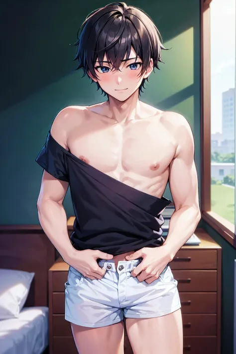 (masterpiece, Highest quality), ((beautiful boys anime face)), 17 old a boy, gay anime hentai, tall, no underwear, bedroom alone, sexy pose, blushing and smile face, shirtless body, short hair, black eyes, micro shorts, want sex, prostitute boy, full body,...