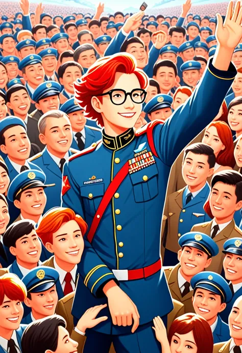 display propaganda, depicting a 20-year-old man with red hair wearing glasses. he wears a general’s uniform and looks straight a...