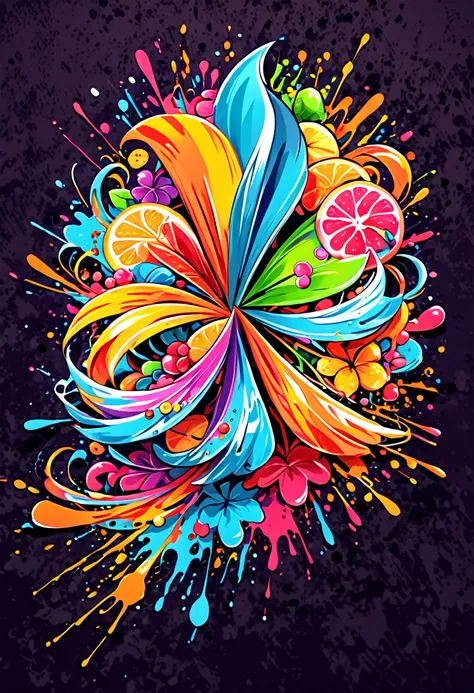 t-shirt designs, with vector art, colorful fruit illustration , at the center, swirly vibrant colors，graffiti art，ink spatter，uh...