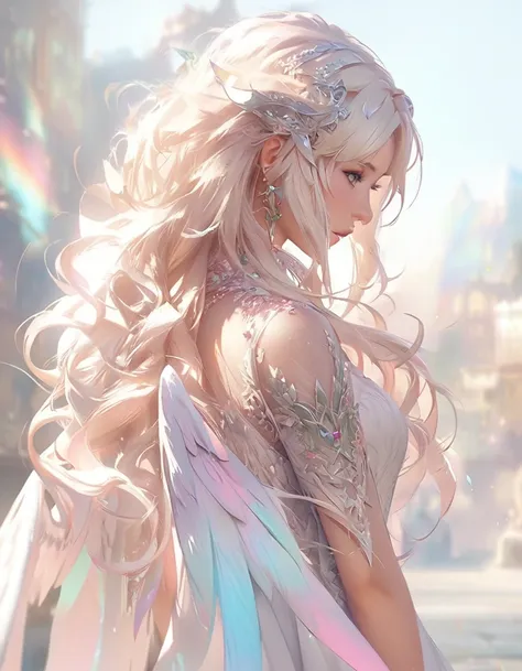 anime girl with long blonde hair and wings in the city, beautiful fantasy anime, anime fantasy illustration, detailed digital an...