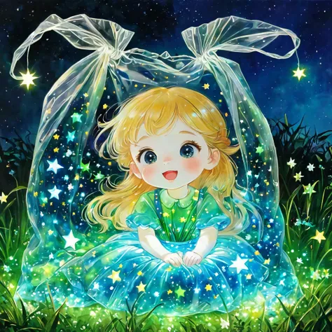 (masterpiece, best quality:1.2),on the grass，stars in a plastic bag，luminescence