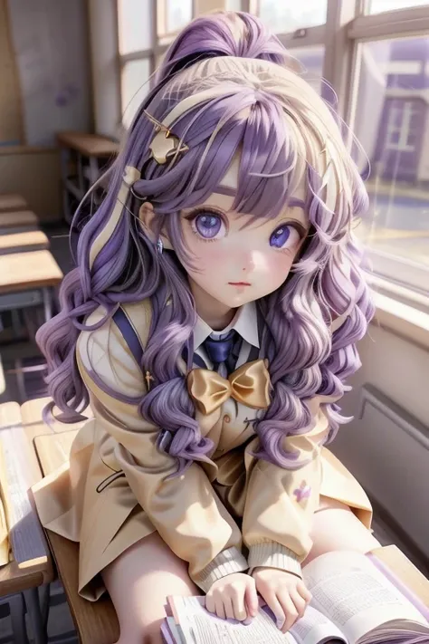 One girl, Long midnight purple hair, Golden light eyes, sit in classroom, White school modern uniform, anime