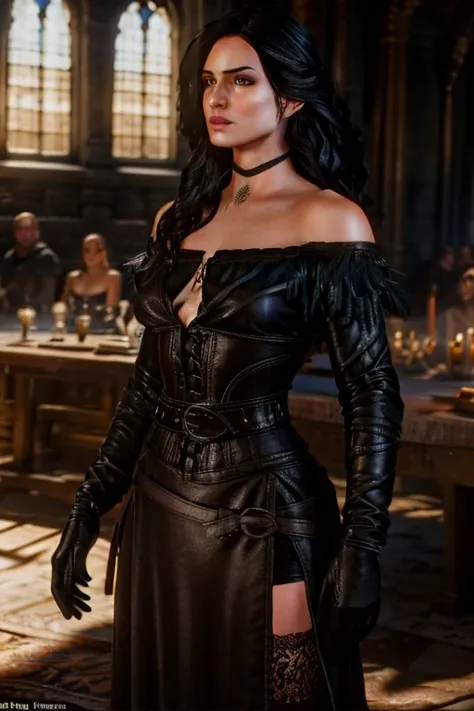 yenifer from the witcher half naked in revealing clothes among a crowd of people in a medieval royal hall, shows off the chest, ...