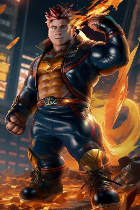 (masterpiece, best quality:1.2), endeavor, muscular male human, large pectorals, expressionless,superhero, blue bodysuit, finger...