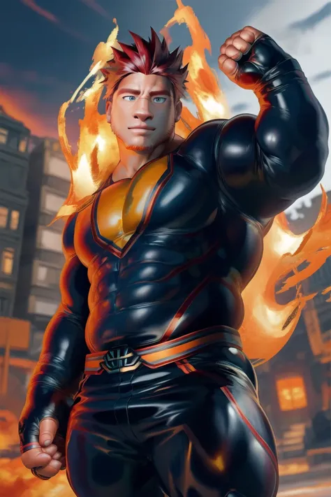 (masterpiece, best quality:1.2), endeavor, muscular male human, large pectorals, expressionless,superhero, blue bodysuit, finger...