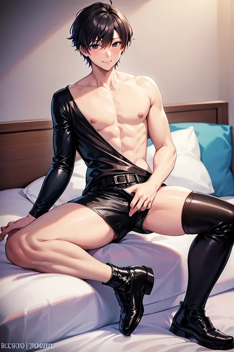 masterpiece, Highest quality, beautiful boys anime face, 17 old a boy, gay anime hentai, tall boy, sexy body, bedroom alone, sexy pose, blushing and smile face, shirtless body, short hair, black eyes, micro leather shorts, want sex, prostitute boy, full bo...