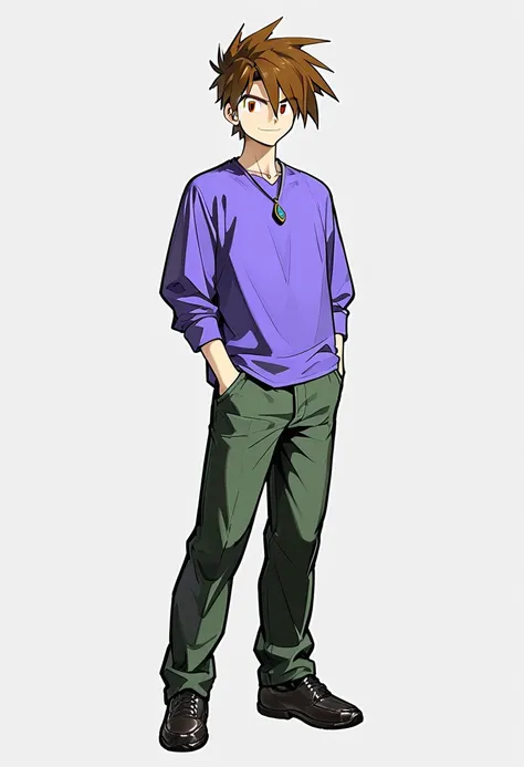 Score_9, Score_8_Up, Score_7_Up, Score_6_Up, Source_Anime, Gary Oak, Kanto Outfit, Pants, Purple Shirt, Looking at Viewer, Full Body, Pendant,smile